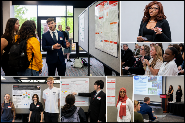 Collage of SIUE students presenting research posters, speaking during presentations and engaging with attendees during the Undergraduate Scholars Showcase in the Morris University Center Conference Center.