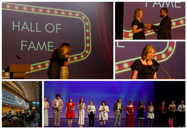 Photo collage from the SIUE Hall of Fame ceremony featuring an emotional embrace on stage, an award presentation, a speaker at the podium, guests gathered in the theater lobby and Hall of Fame honorees holding yellow roses.