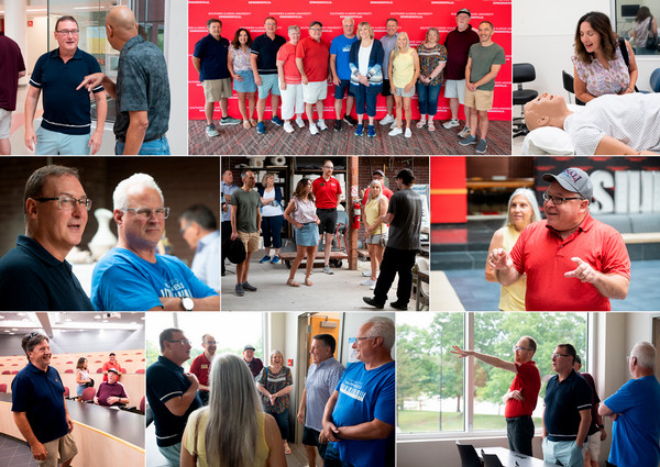 Composite of Charlie Dragovich friends and their alumni tour of campus