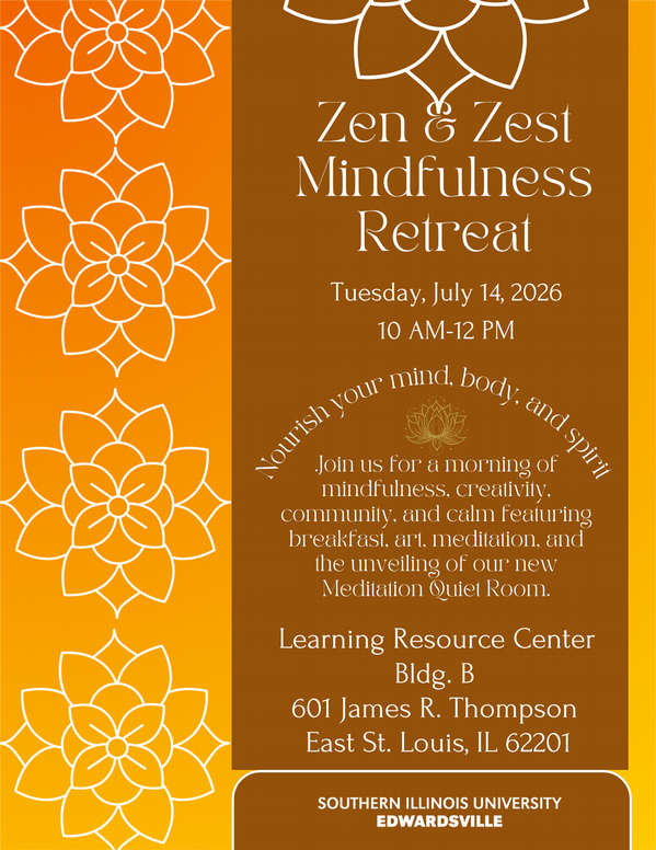 Promotional flyer for Zen & Zest featuring warm terracotta colors and lotus flowers. The event lists the address of the ESL Campus for Tuesday July 14 at 10 am.