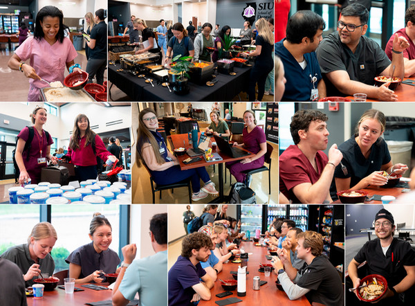 Collage of students eating and smiling in dental scrubs at welcome reception