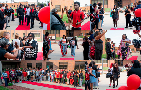 Collage of students arriving to cheers while walking down red carpet