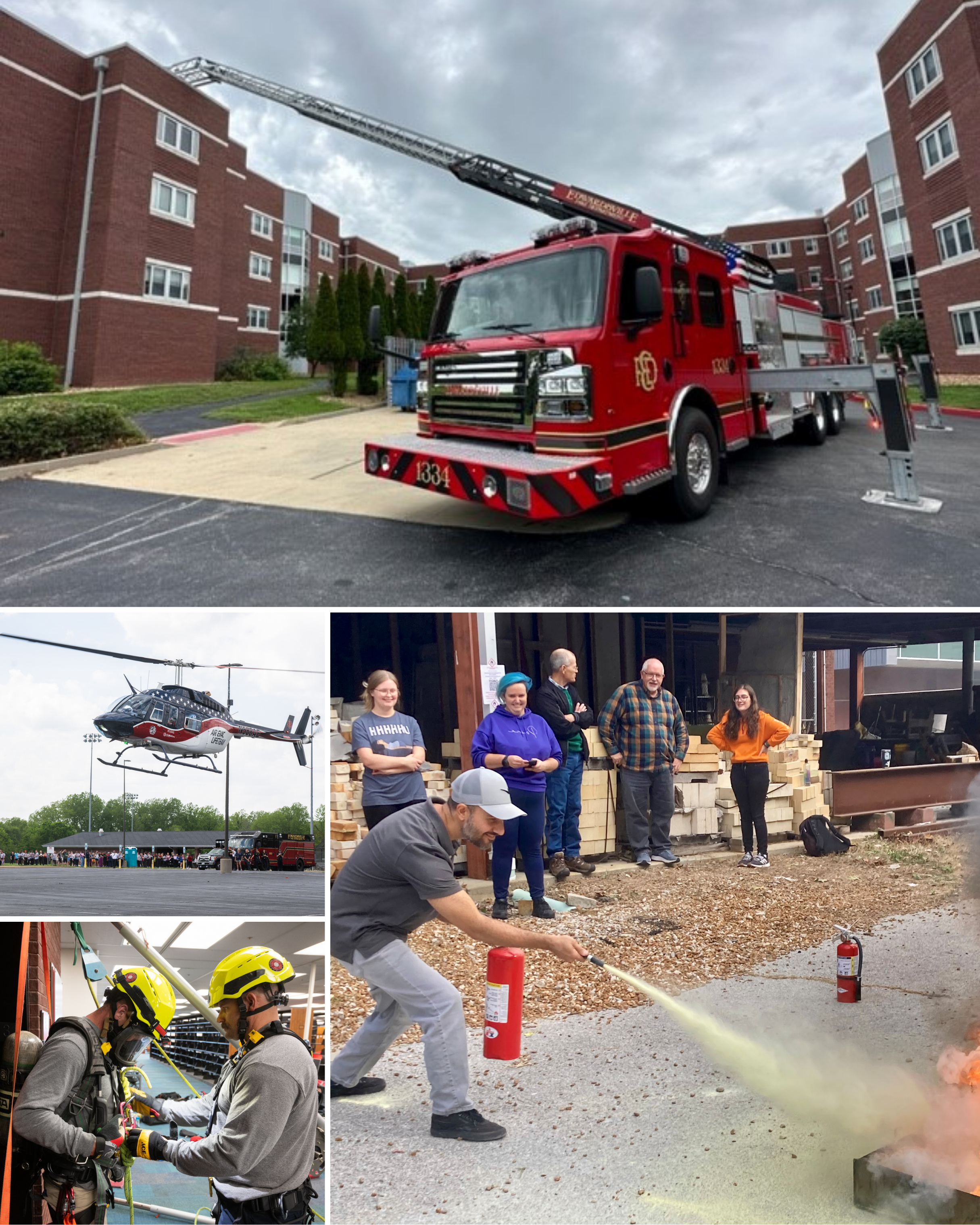 Composite image of firet trucks, safety workers, and fire extinguishing equipment at SIUE