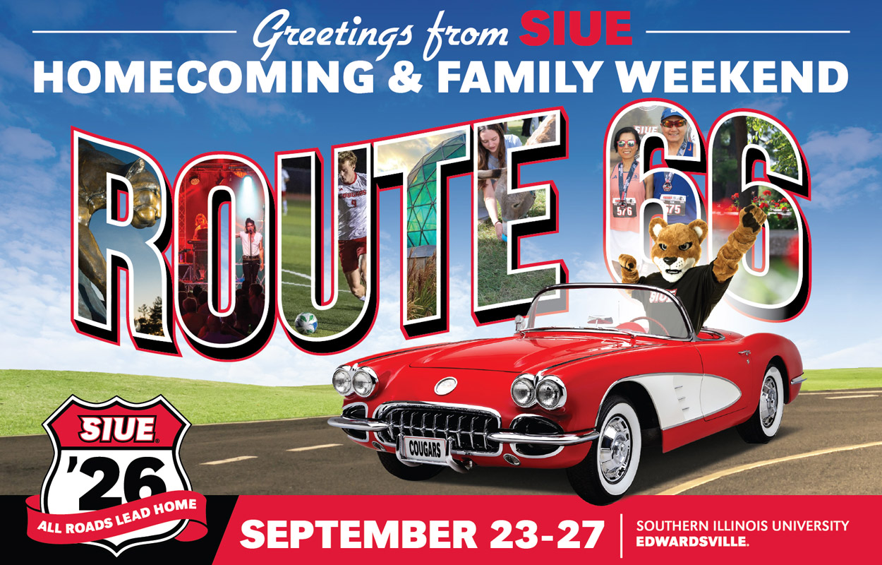 A colorful promotional poster for Southern Illinois University Edwardsville's Homecoming & Family Weekend event titled "Route 66," featuring a red vintage convertible car with a cougar mascot waving. The design includes large, bold text with photos i