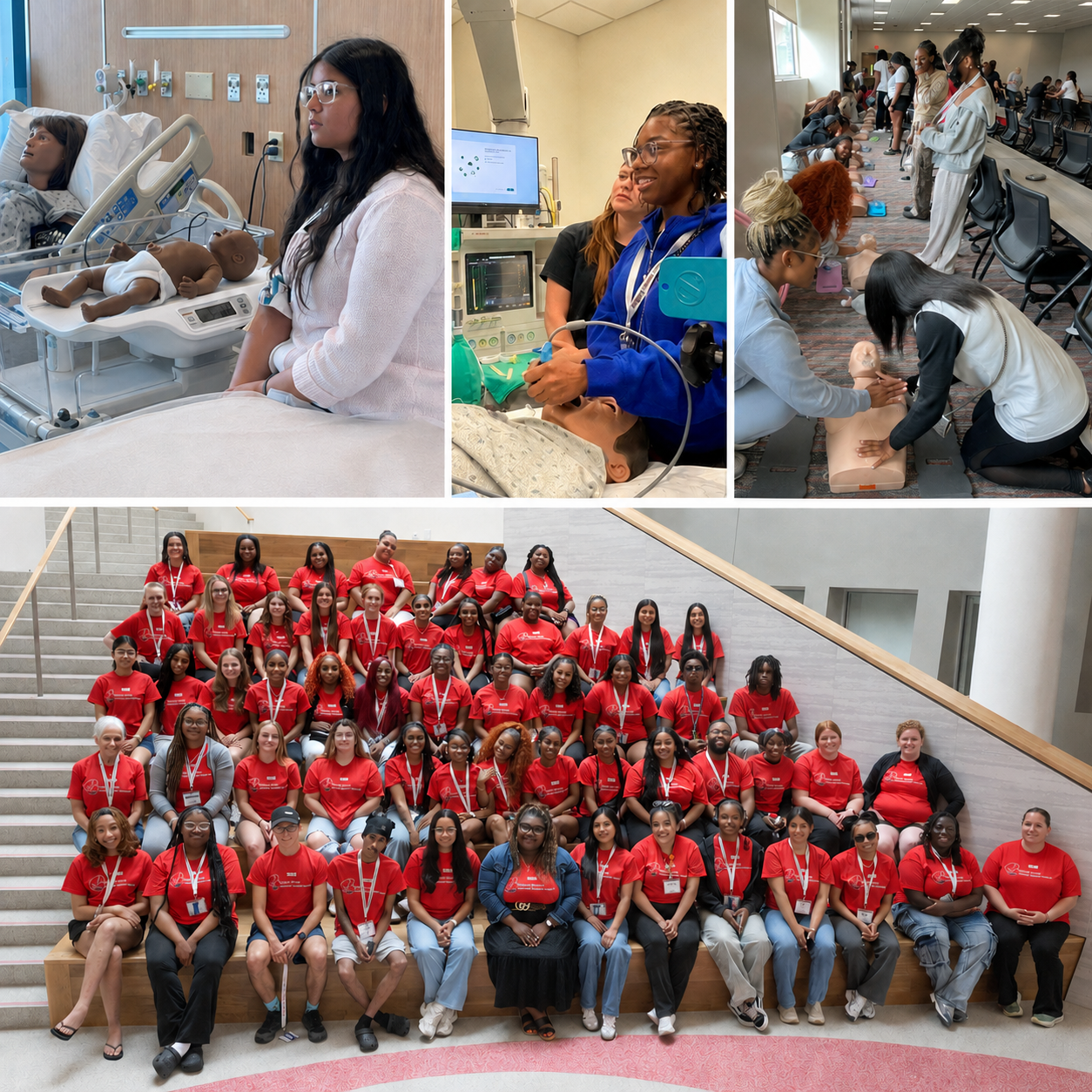 Photo grid of four photos involving campers in nursing simulations. 