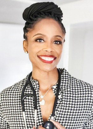 Dr. Jerrica Ampadu portrait. She is wearing a stethoscope over a houndstooth blazer.