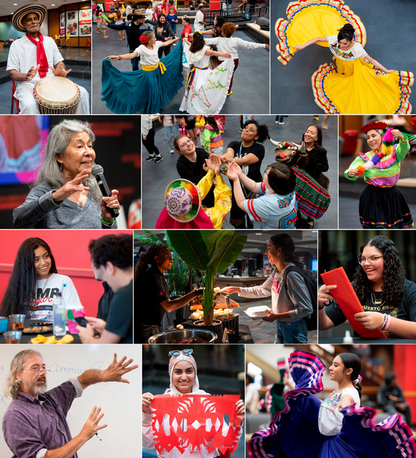 A vibrant photo collage captures SIUE’s Hispanic and Latinx Heritage Month celebrations, featuring colorful traditional dances, musical performances, cultural presentations, shared meals and students connecting through heritage and community.