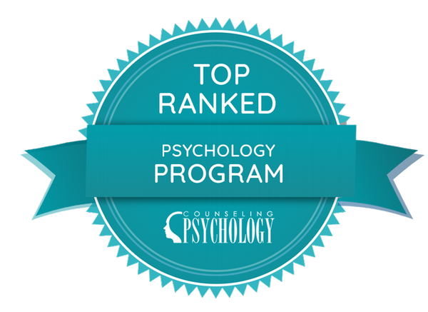 Cyan colored badge graphic that reads Top Ranked Psychology Program CounselingPsychology