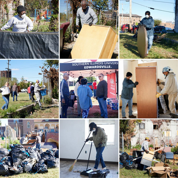 Collage of photos of people carrying out debris from East St Louis Clean Out