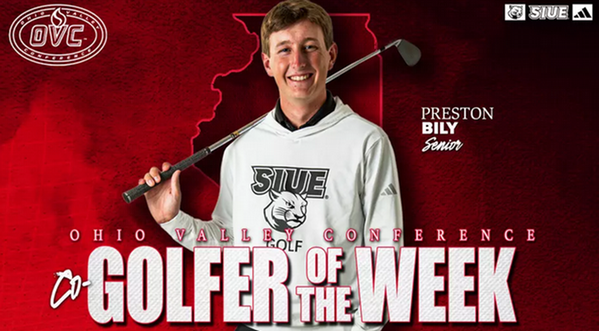 Portrait of Preston Bily who is standing in front of a graphic of the state of Illinois with golf club iron slung over his shoulder. The text reads OVC Golfer of the Week