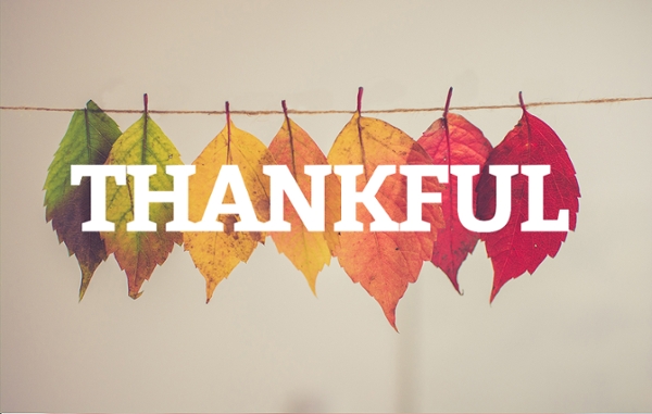 "Thankful" hanging on leaves from a clothesline