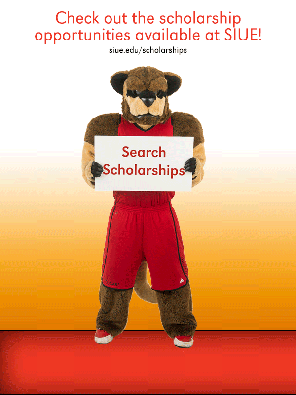 Animated gif of eddie the cougar holding an scholarship sign. 