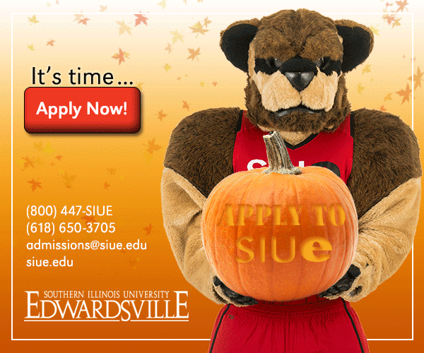 Animated gif of eddie the cougar holding an Apply to SIUE carved pumpkin. It's time... Apply Now!
