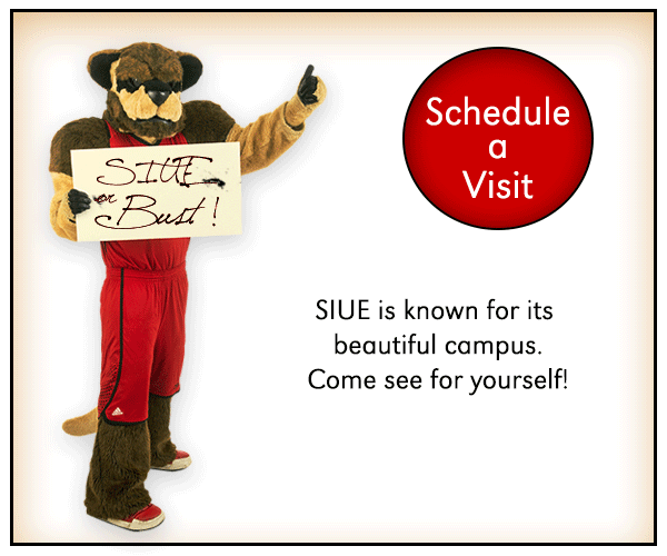 Animated gif of Eddie the Cougar holding a visit SIUE sign.