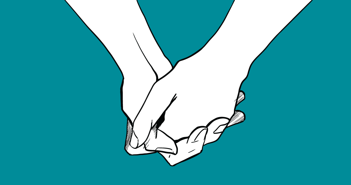 Two hands holding each other on a blue background