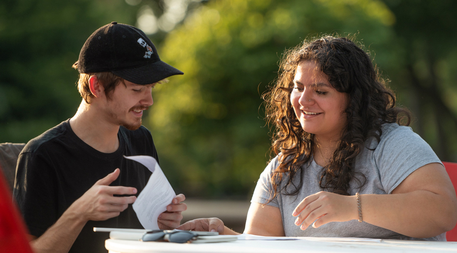 SIUE Students visiting on campus outside.