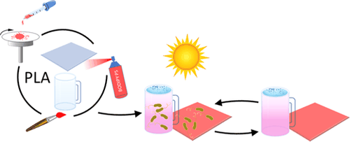 Table-of-contents graphic for publication 25: Self-Sterilizing 3D-Printed Polylactic Acid Surfaces Coated with a BODIPY Photosensitizer