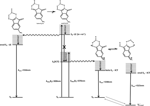 Table-of-contents graphic for publication 3: An Interesting Case Where Water Behaves as a Unique Solvent: 4-Aminophthalimide Emission Profile to Monitor Aqueous Environment