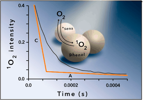 Table-of-contents graphic for publication 40: Tuning the ¹O₂ Oxidation of a Phenol at the Air/Solid Interface of a Nanoparticle: Hydrophobic Surface Increases Oxophilicity