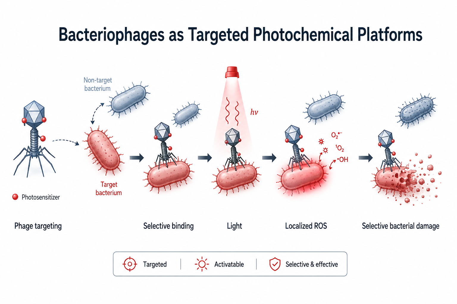 Schematic showing a bacteriophage selectively binding a target bacterium, light activation, localized reactive oxygen species, and selective bacterial damage.