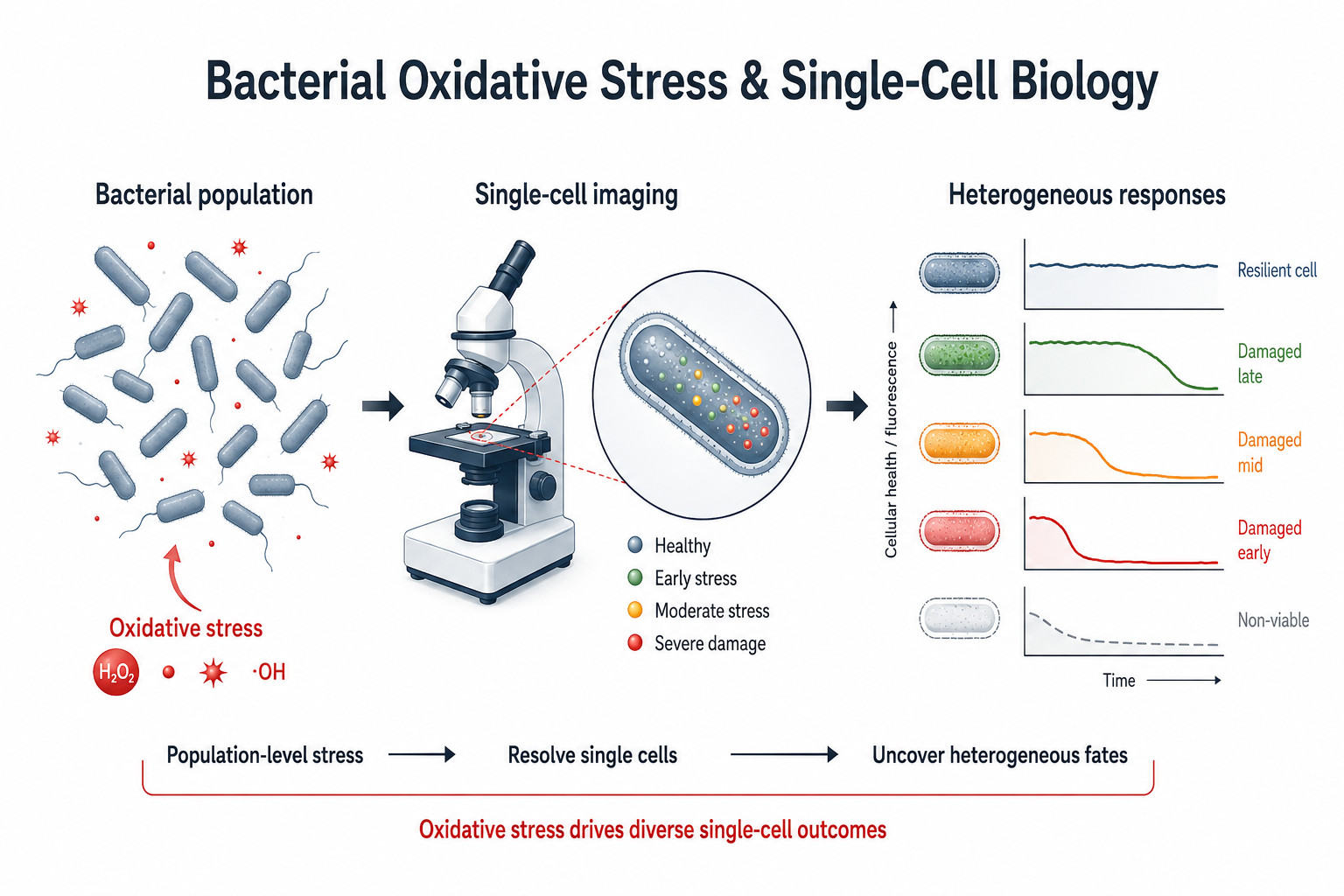 Schematic showing a bacterial population under oxidative stress, single-cell imaging, and heterogeneous cell responses.