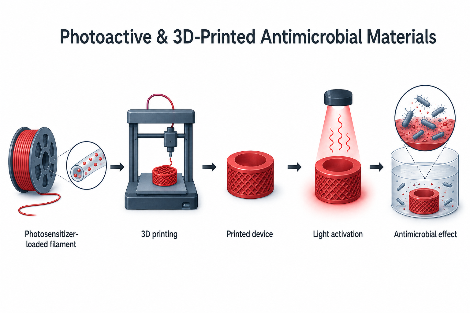 Schematic showing photosensitizer-loaded filament, 3D printing, a printed device, light activation, and antimicrobial effect.